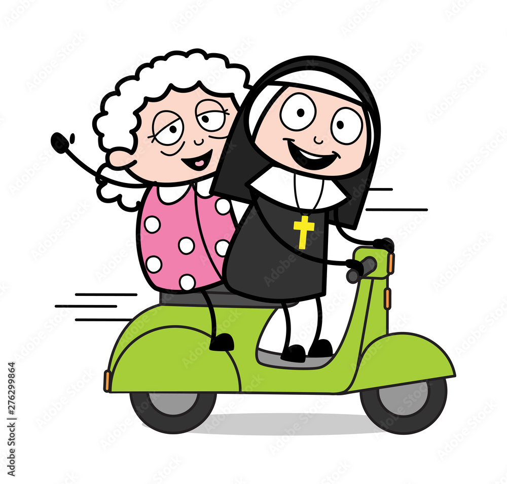 Wall mural Riding Scooter with Old Lady - Cartoon Nun Lady Vector Illustration - Wall murals