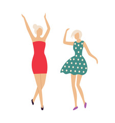 Disco party of women vector, people wearing dresses having fun in club, night life of clubbers. Partying ladies dancing and jumping, moving girlfriends