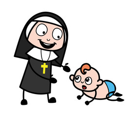 Playing with New Born Baby - Cartoon Nun Lady Vector Illustration