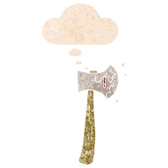 cartoon axe and thought bubble in retro textured style