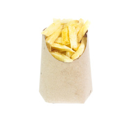 french fries in a paper wrapper on white background