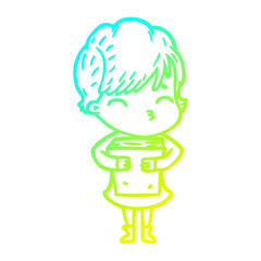 cold gradient line drawing cartoon woman thinking