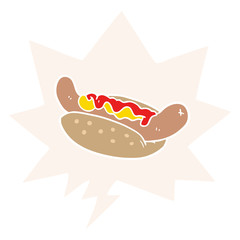 cartoon fresh tasty hot dog and speech bubble in retro style