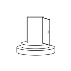 Open the door on the podium. Vector linear icon on white background.