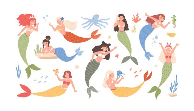 Collection of cute funny mermaids isolated on white background. Bundle of adorable fairytale or mythological sea creatures. Set of underwater princesses. Flat cartoon colorful vector illustration.