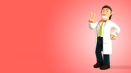 Cartoon 3d doctor with a stethoscope smiling and waving a v sign on a red gradient background 3d rendering
