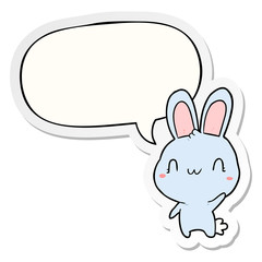 cute cartoon rabbit waving and speech bubble sticker