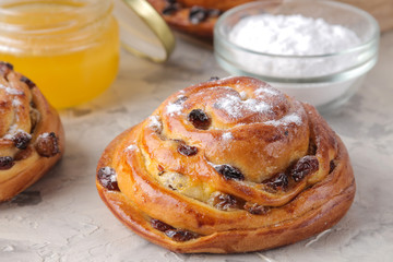 Delicious buns with raisins and honey, powdered sugar on a light concrete table. fresh bakery. breakfast. bread. close-up