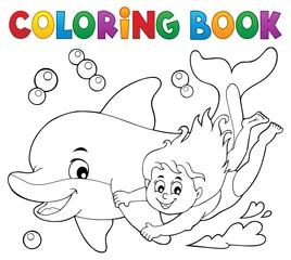 Cercles muraux Pour enfants Coloring book girl and dolphin theme 1