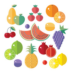 Vector set of icons with fruits and berries. Flat vector. Pear, Apple, pineapple, pomegranate, plum, apricot, grape, strawberry, watermelon, lime, lemon, orange, currant.