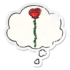 cartoon flower and thought bubble as a distressed worn sticker