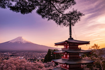 Obraz premium 夕日に染まる新倉山浅間公園 忠霊塔と富士山