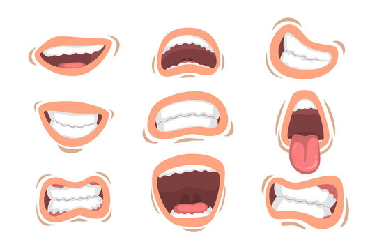 Flat vector set of male mouths with different emotions. Smile, sticking out tongue, anger, happiness. Design for mobile app, sticker or print