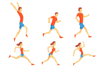 Fototapeta na wymiar Flat vector set of athletes in running action. Man and woman in sportswear. Professional runners. Active lifestyle
