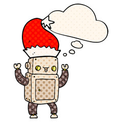 cartoon christmas robot and thought bubble in comic book style
