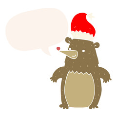 cartoon bear wearing christmas hat and speech bubble in retro style