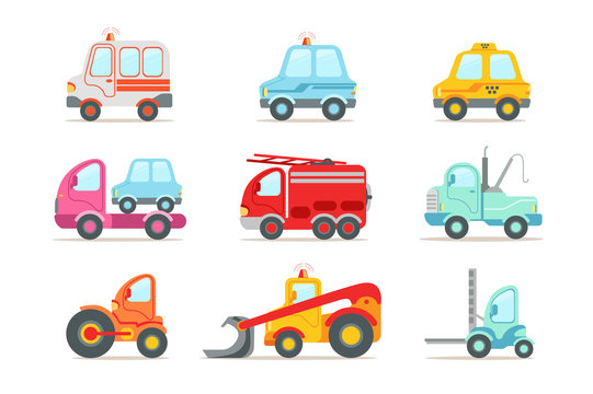 Flat vector set of different types of vehicles. Semi trailer, tractors, lorry, truck with tank. Transport or car theme. Heavy machinery