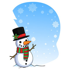 Vector Illustration of a Snowman Card with Falling Snow flakes