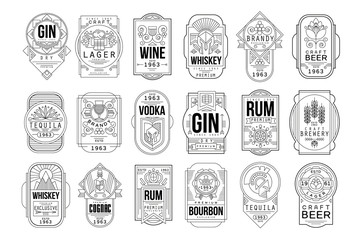 Alcohol labels set, retro alcohol industry monochrome emblem vector Illustration on a white background - obrazy, fototapety, plakaty