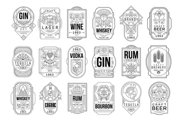 Foto op Plexiglas Alcohol etiketten set, retro alcohol industrie monochroom embleem vector illustratie op een witte background © topvectors