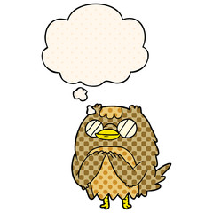 cartoon wise old owl and thought bubble in comic book style