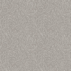 Classic style vector seamless pattern. Hand drawn white contours of abstract flowers and leaves on gray background. Ornate template for design, textile, wallpaper, clothing, ceramics.