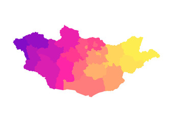 Vector isolated illustration of simplified administrative map of Mongolia. Borders of the regions. Multi colored silhouettes