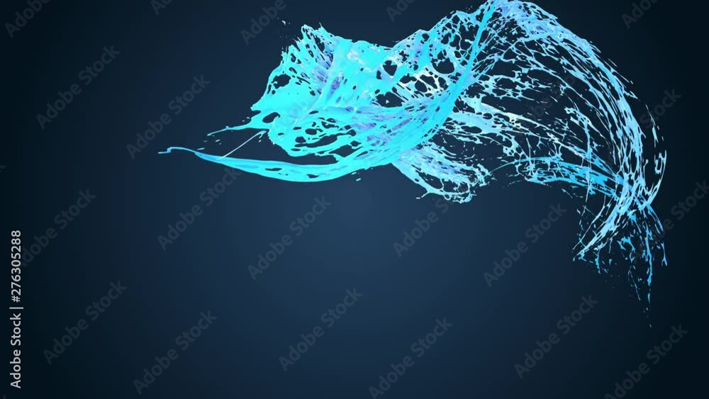 Poster 4k blue splash moves past the camera in slow motion in cartoon style. 3d animation of liquid with lu