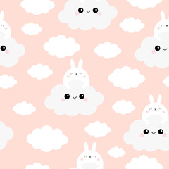 Seamless Pattern. Rabbit bunny face holding cloud in the sky. Cute cartoon kawaii funny smiling baby character. Nursery decoration. Wrapping paper, textile template. Pink background. Flat design.