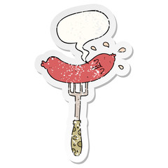 cartoon happy sausage on fork and speech bubble distressed sticker