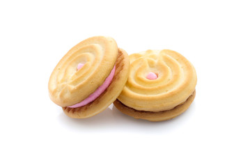 sandwich cookies with strawberry cream on white background
