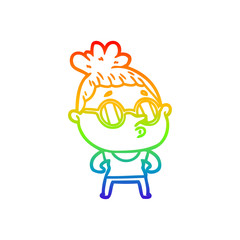 rainbow gradient line drawing cartoon woman wearing glasses