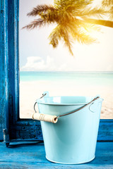 Summer blue window sill background and free space for your decoration. 