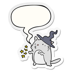 magical amazing cartoon cat wizard and speech bubble sticker