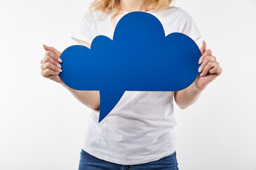 cropped view of woman with blue thought bubble in hands isolated on white