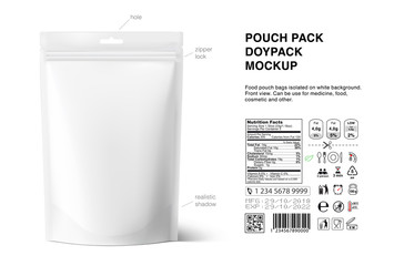 Pouch bags mockup with nutrition facts isolated on white background. Vector illustration. Front and rear views. Can be use for template your design, presentation, promo, ad. EPS10.