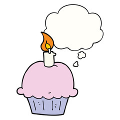 cartoon birthday cupcake and thought bubble