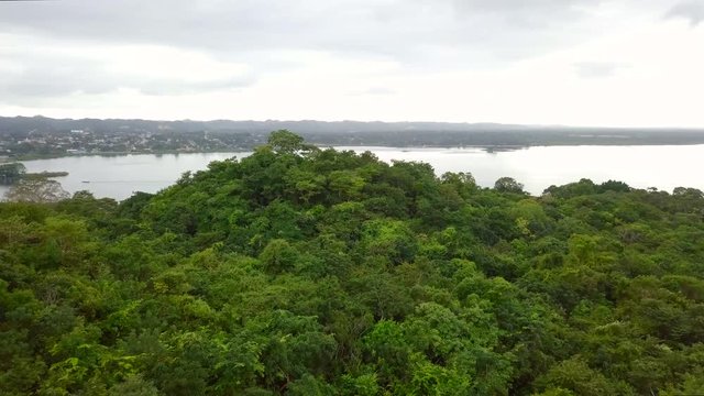 Aerial fly over viiew of Forest in flores ciudad the lake Lago de atitlan in the  background.