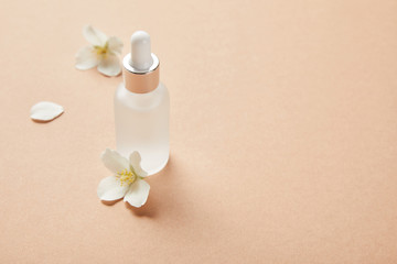 Fototapeta na wymiar cosmetic glass bottle with serum and few jasmine flowers on beige