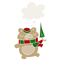 cartoon bear with umbrella and thought bubble in retro style