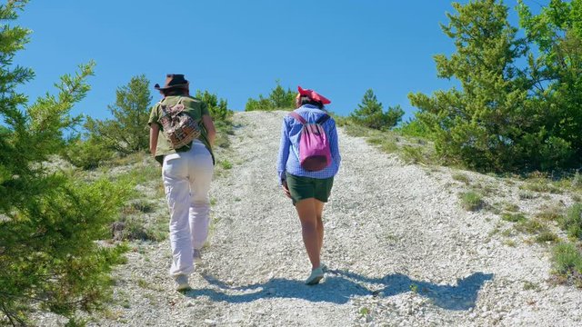 Two girls traveler girlfriend walk along the path and climb up the mountain plateau. They are surrounded by grass, shrubs and blue sky.