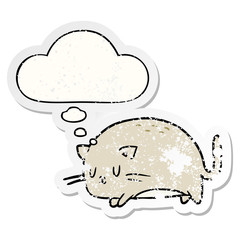cute cartoon cat and thought bubble as a distressed worn sticker