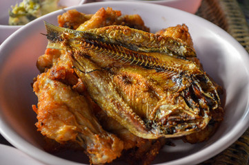 Close-up Crispy fried fish and fried chicken