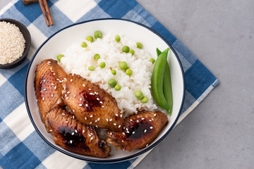 Chinese food fried chicken wings with rice