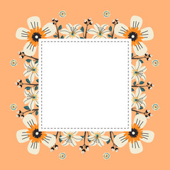 Floral greeting card and invitation template for wedding or birthday anniversary, Vector square shape of text box label and frame, White flowers wreath ivy style with branch and leaves.