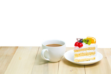 Slice cake with coffee cup on wood , white background