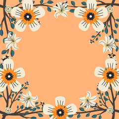 Floral greeting card and invitation template for wedding or birthday anniversary, Vector circle shape of text box label and frame, White flowers wreath ivy style with branch and leaves.