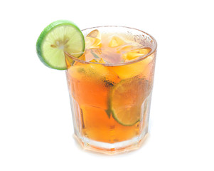 glass of iced tea with lemons  isolated on a white background