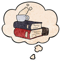 cartoon books and coffee cup and thought bubble in grunge texture pattern style