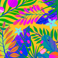 Fototapeta na wymiar Universal vector illustration with tropical leaves,flowers and elements.Multicolor plants with hand drawn texture.Exotic background perfect for web,prints,flyers,banners,invitations,social media.
